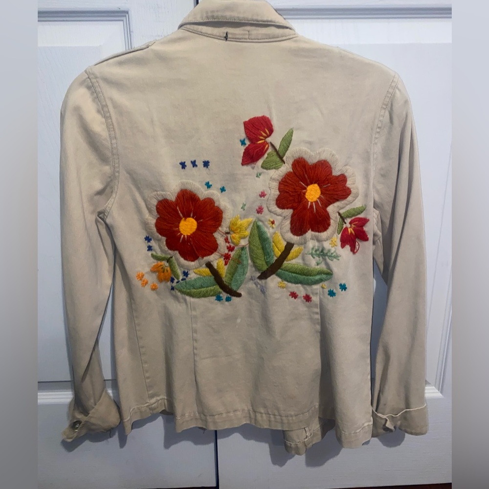Tan Jacket with Red Floral Embroidery